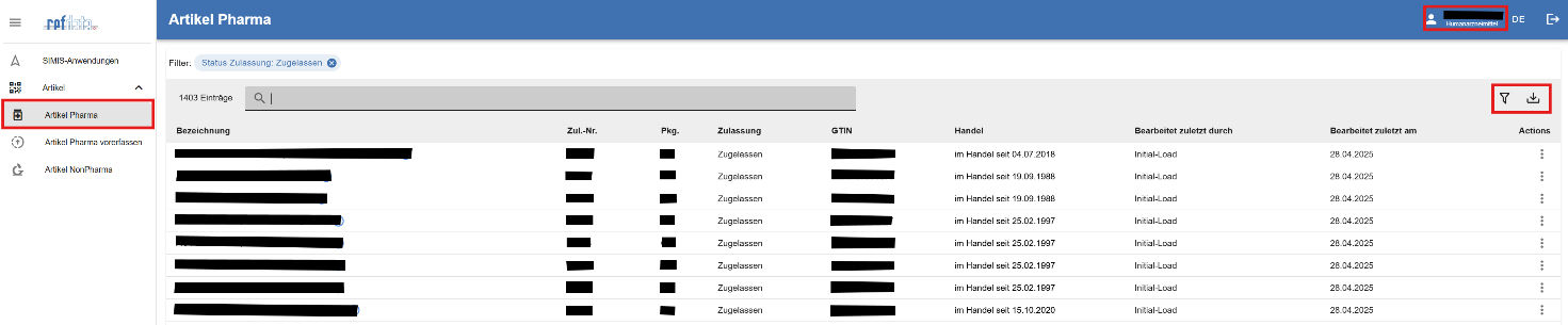 Articoli Pharma – schermata iniziale